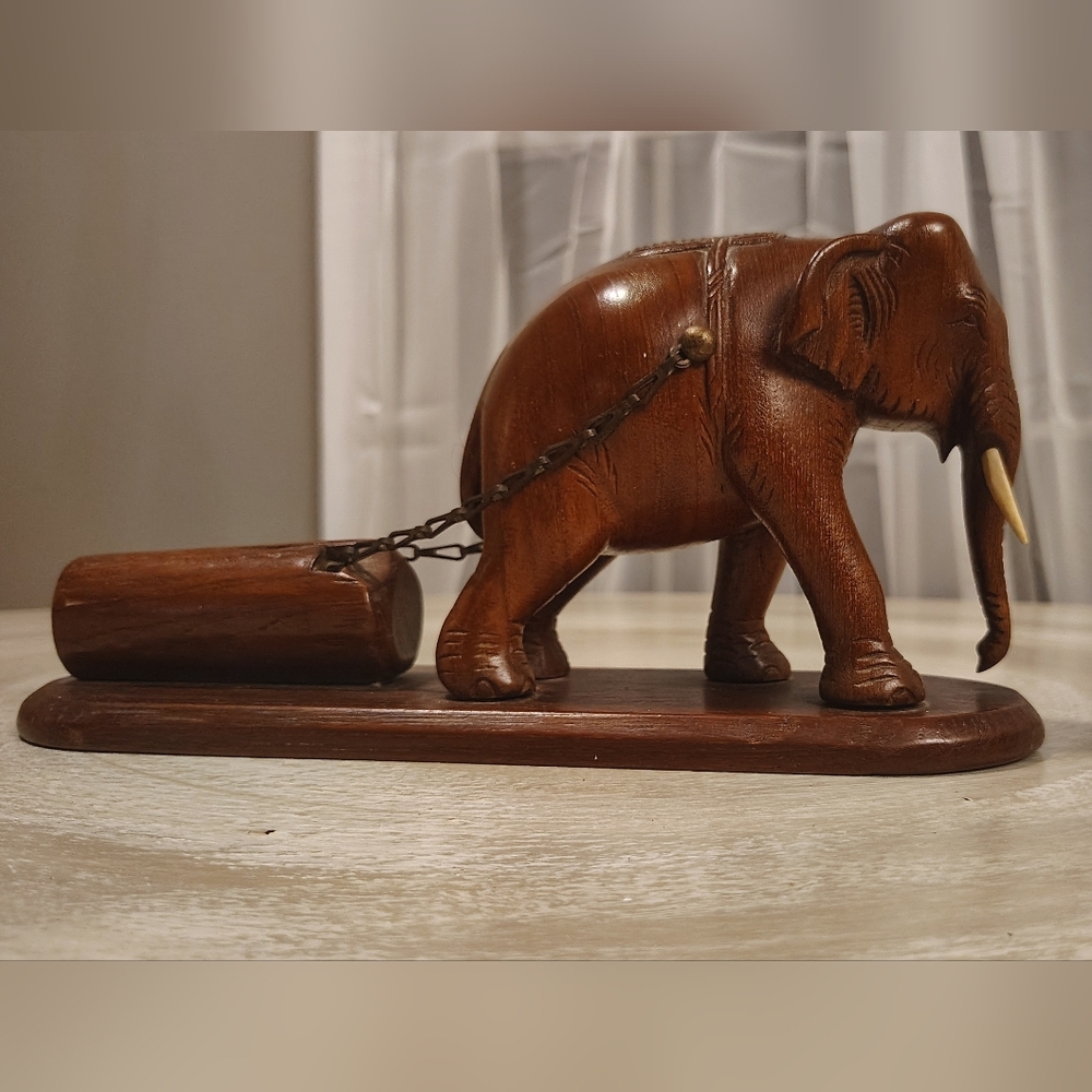 Vintage/Handcrafted Wooden Elephant Figurine with Log And Chain